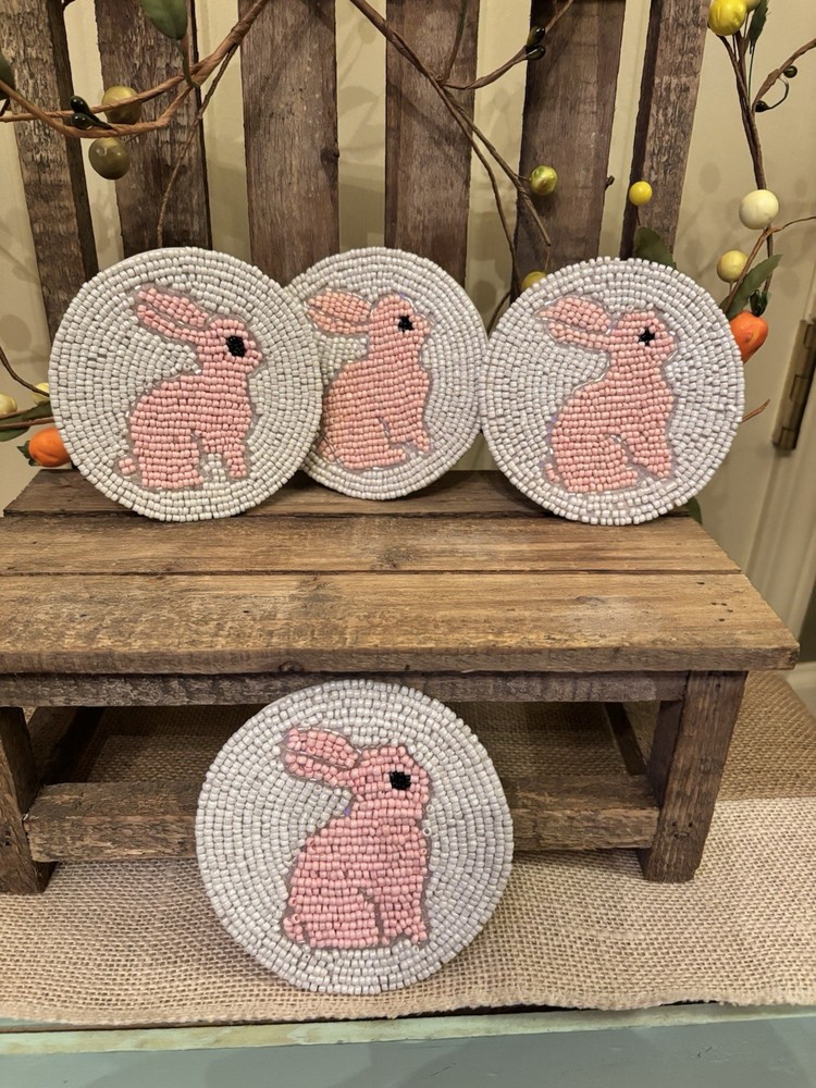 🐰New Beaded Pink Bunny Coaster Set