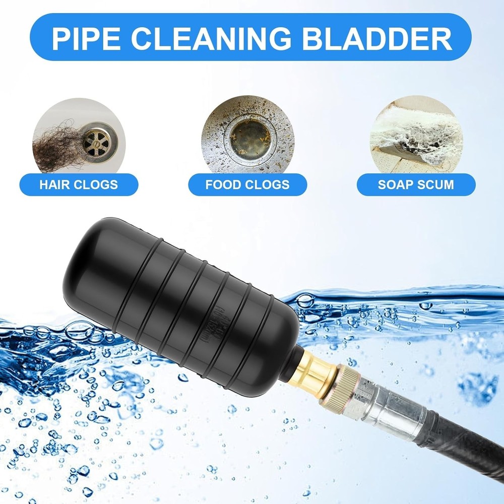 Water-Powered Drain Bladder Unclogs Main Sewer Line 1-6in Bathroom Pipe