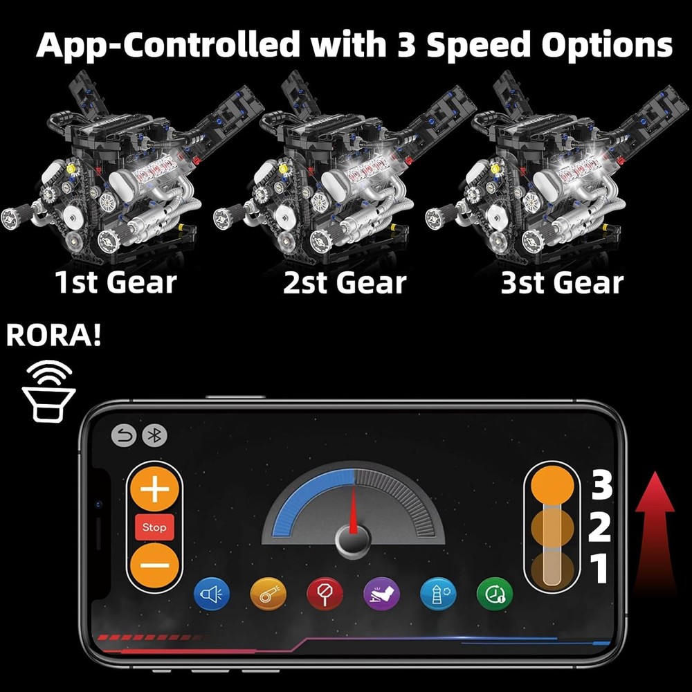 V8 Mini Engine Model Kit That Runs Building Sets with Motor. APP Control Technic
