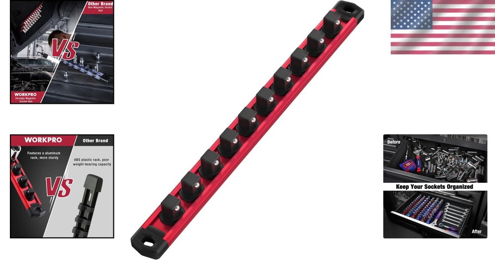 Aluminum Magnetic Socket Organizer with Movable Clips - Compact Garage Solution