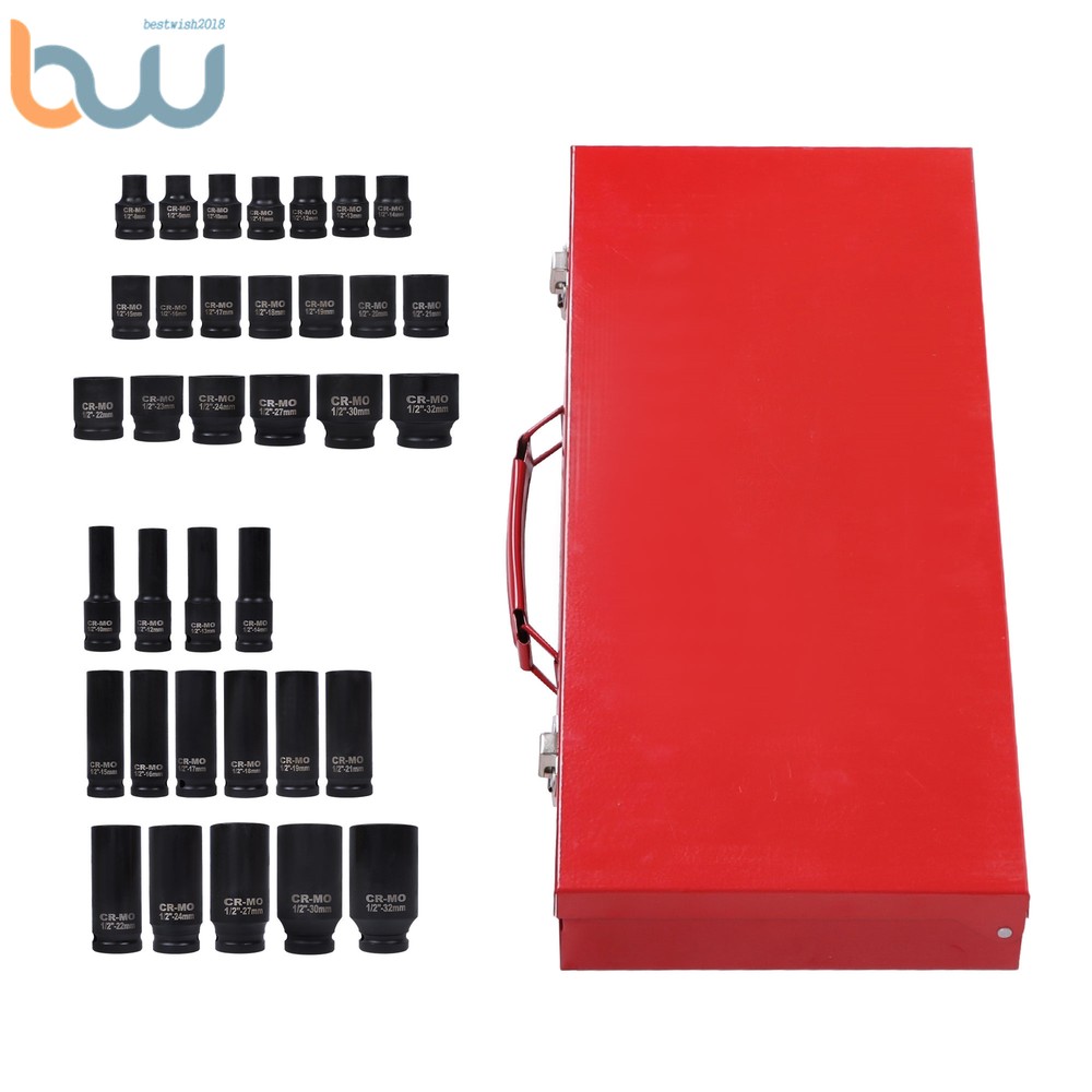 1/2 Inch Drive Deep Impact Socket Tool Set Metric Garage Workshop Tools 35pcs
