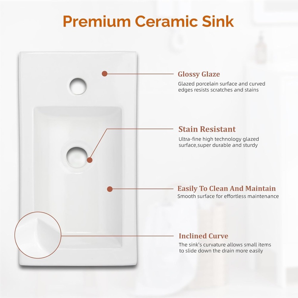 18" Bathroom Vanity Top with Sink | Pre-Drilled Hole, Modern Rectangular Design