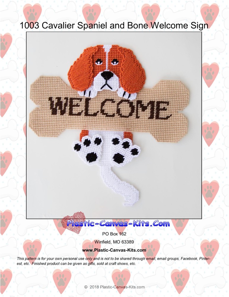Cavalier Spaniel Dog and Bone Welcome Sign- Plastic Canvas Pattern or Kit