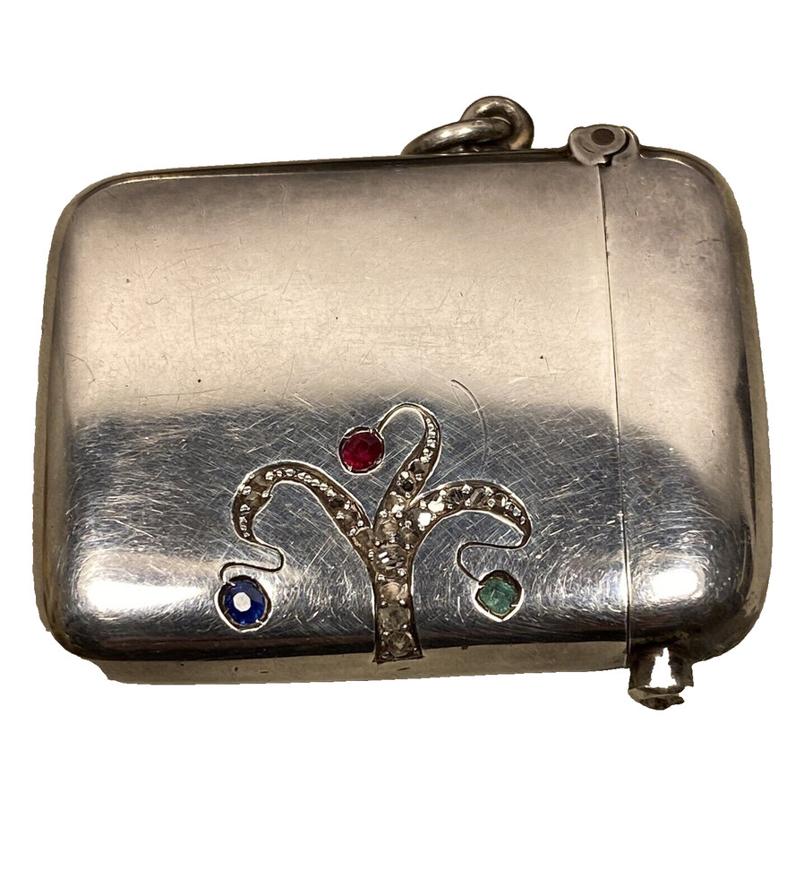 Antique Silver Diamond Emerald Ruby Cigarette Box Case Matchsafe