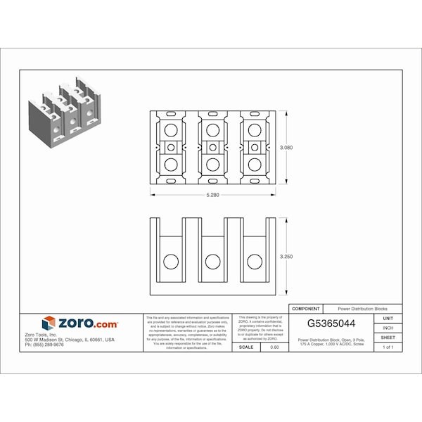 Mersen Mpdb67563 Power Distribution Block, Open, 3 Pole, 175 A Copper, 1,