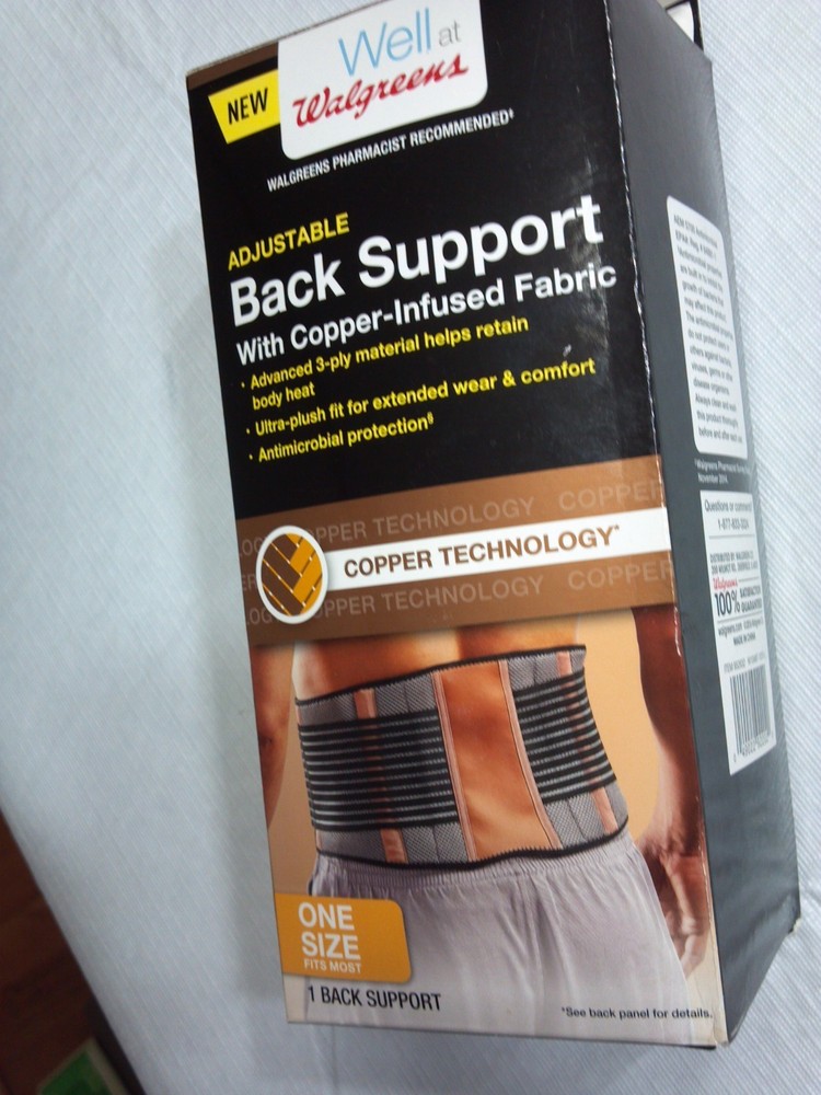 Walgreens BACK SUPPORT WITH COPPER INFUSED FABRIC Adjustable, Antimicrobial