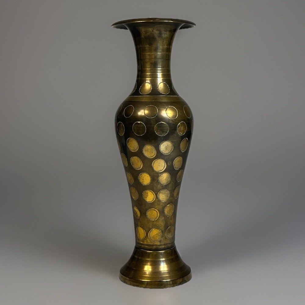 Vintage Solid Brass Vase with Polka Dot Inlay Pattern – 7.5” Tall