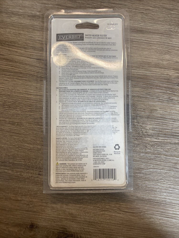 Everbilt Water Heater Continuity Tester See Notes