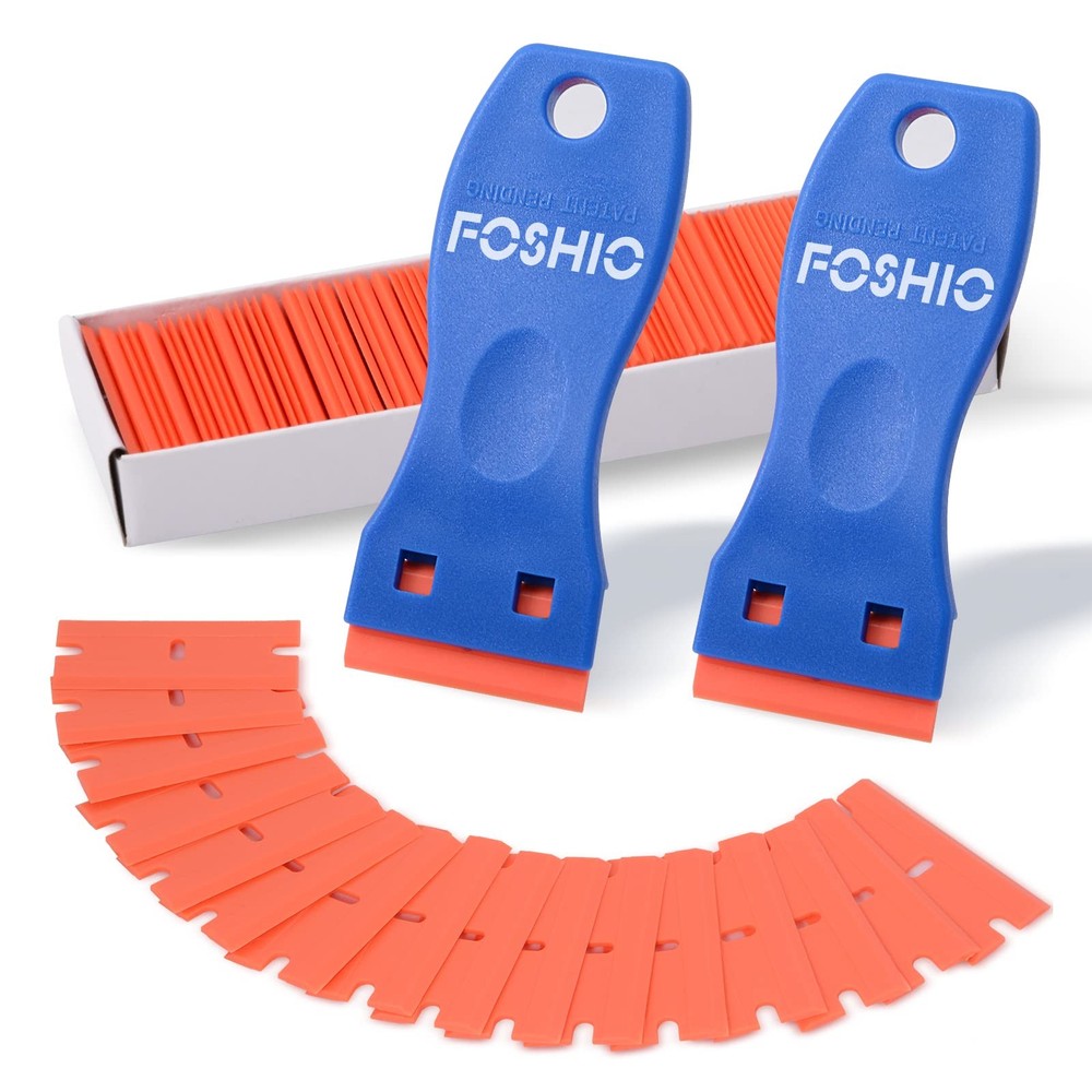 FOSHIO Plastic Razor Blade Scraper Include 2PCS Tool and 100PCS Blue
