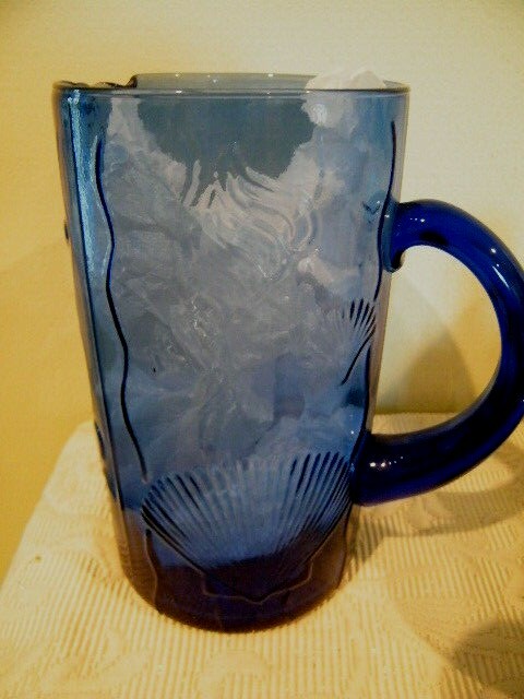 BLUE COBALT HAND BLOWN GLASSS PITCHER HANDLE 8.5" X 5" EMBOSSED SHELL PATTERN