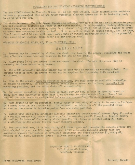 Automatic Electric Eraser by the Automatic Pencil Sharpener Company (APSCO)