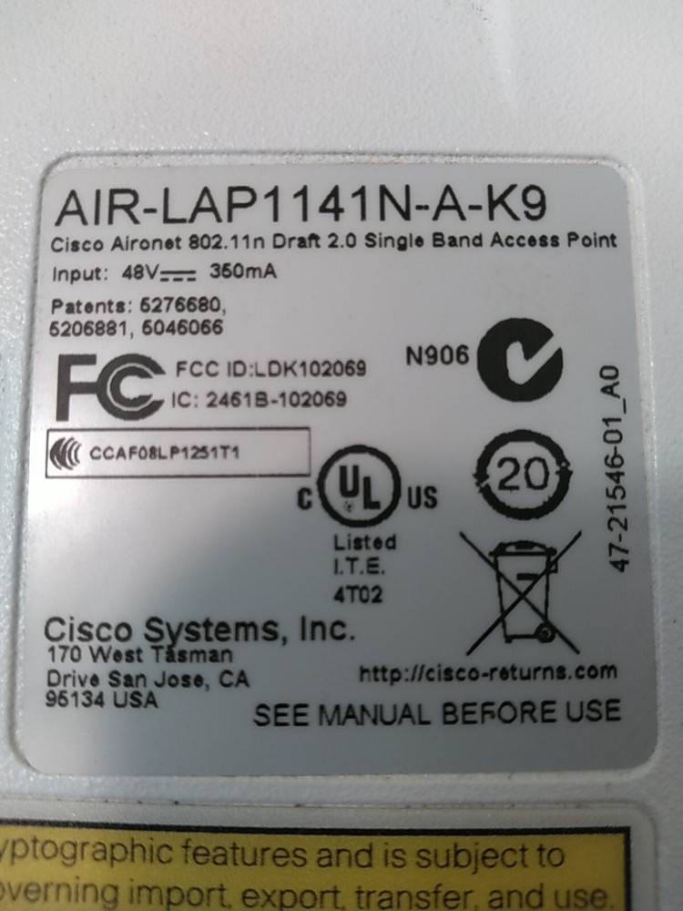 Cisco AIR-LAP1141N-A-K9 Single-Band Controller-based Wireless Access Point PoE