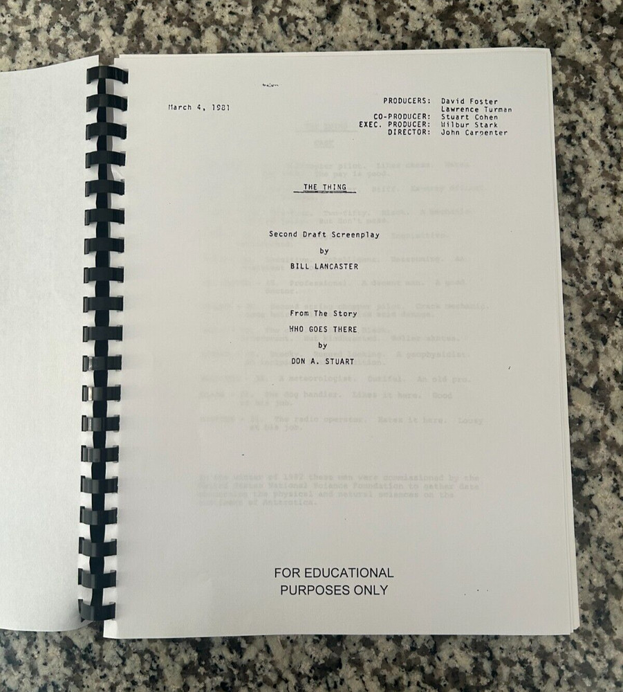 The Thing John Carpenter Horror Movie Script Reprint Full Screenplay Script