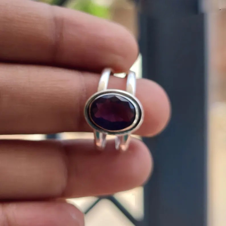 Solid 925 Sterling Silver Natural Amethyst Oval Purple Gemstone Split Band Ring