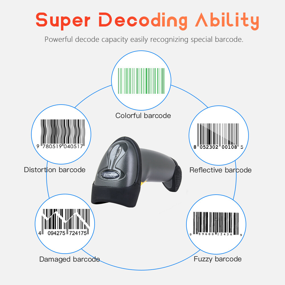 Zebra Symbol LS2208-SR20007R-NA 1D Laser Barcode Scanner w/Stand + USB Cable