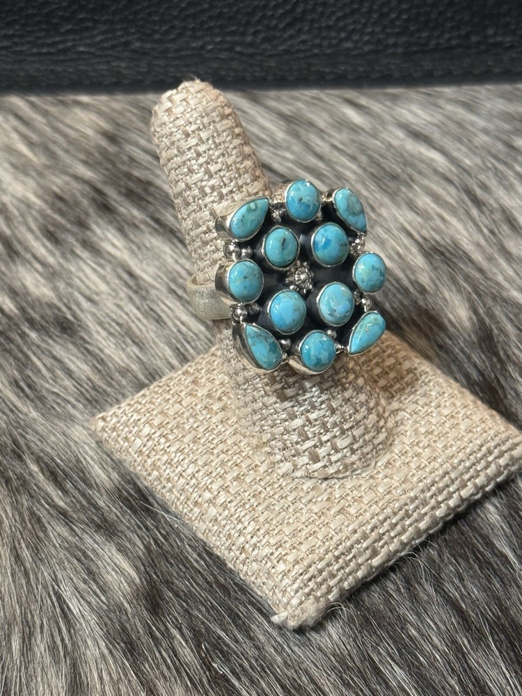 Native Southwest Sterling Silver Blue Turquoise Cluster🩵💙 Ring Adjustable