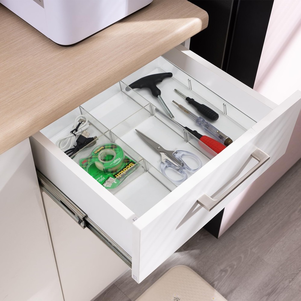 Adjustable Clear Drawer Organizer, Plastic Drawer Divider Tray with Removable...