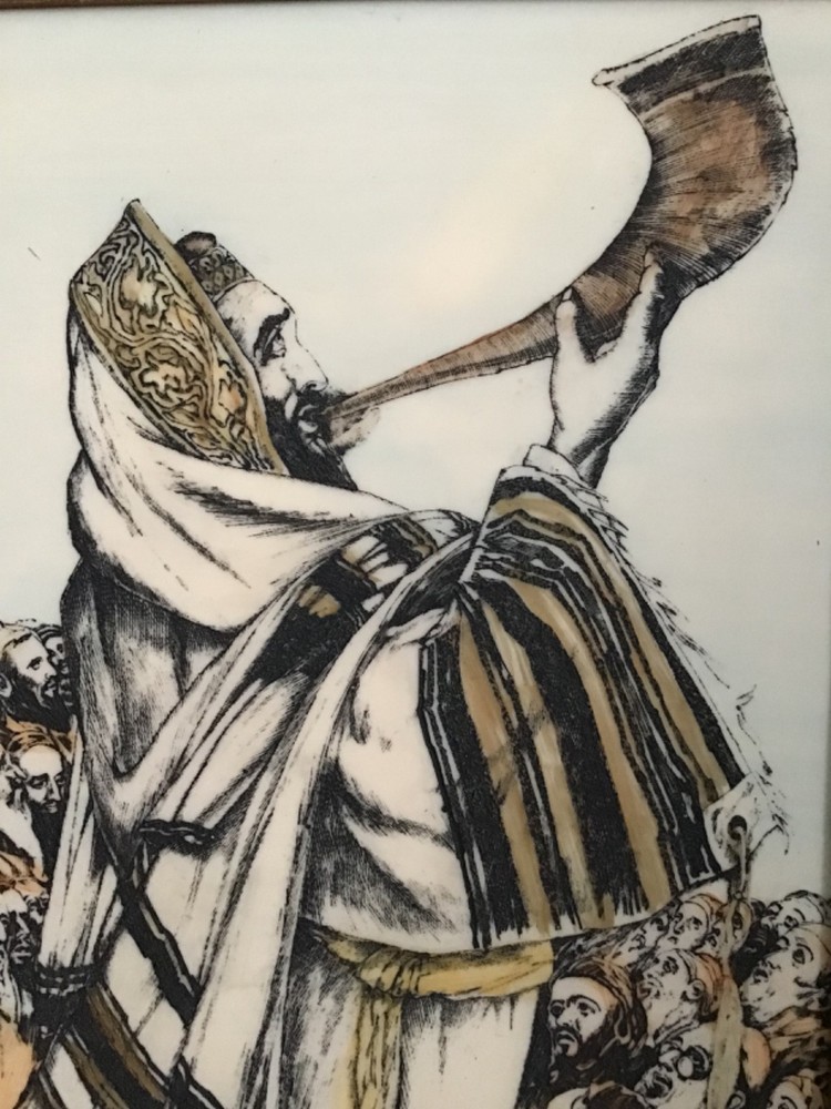 复古 Saul Raskin 象牙蚀刻画，带框，描绘犹太教羊角号，尺寸 15 英寸 x 13.5英寸