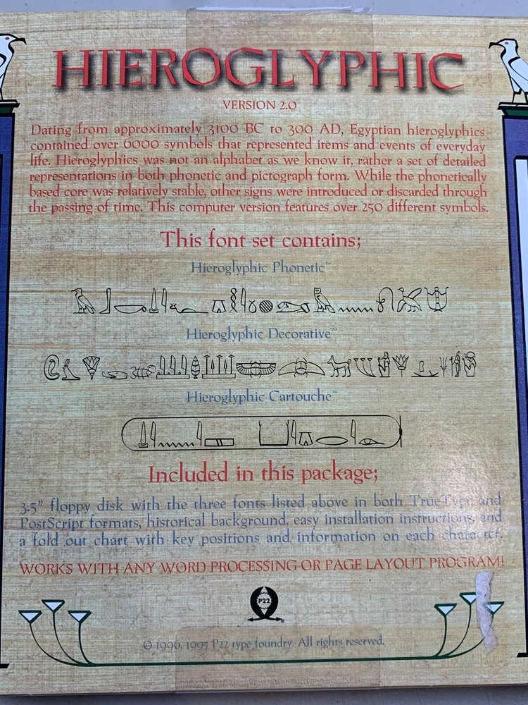 1997 P22 Foundry Hieroglyphic Computer Font Version 2.0 Windows 3.1 or Later