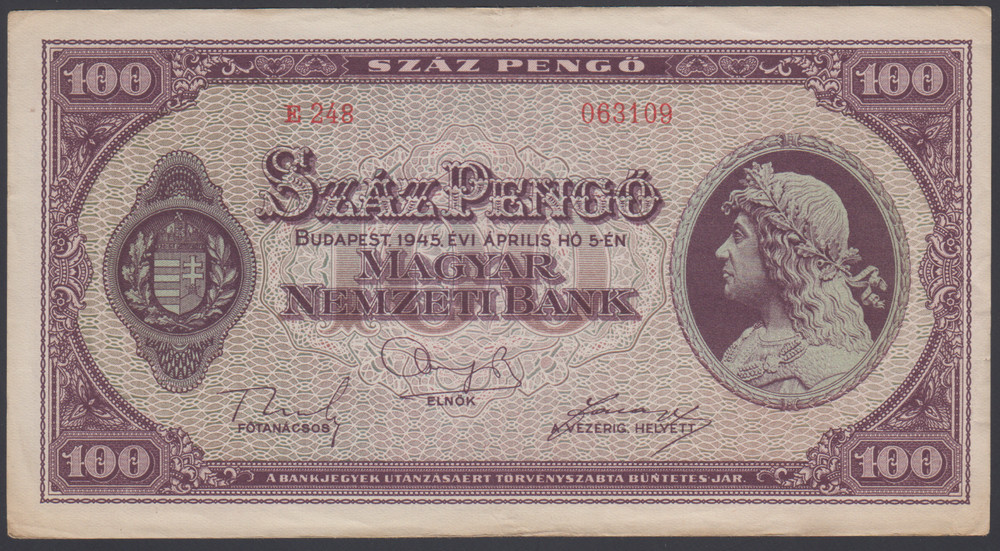 Hungary  100  Pengö  1945  VF  P. 111b,  Banknotes, Circulated