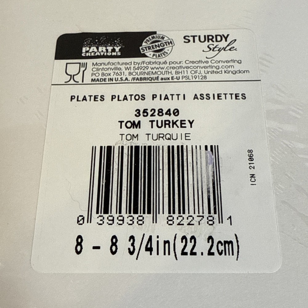 Thanksgiving Tom Turkey Plates 2 Pkgs 8 Each 8.75” Across NIP