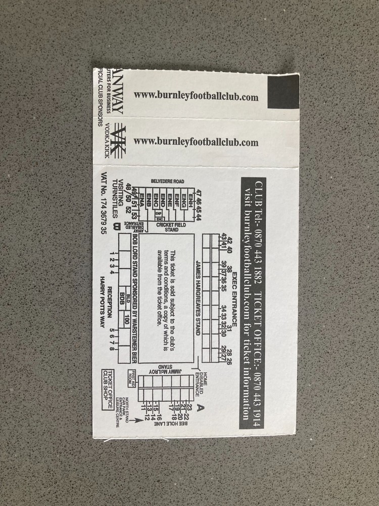 Burnley v Gillingham 2003-04 Match Ticket