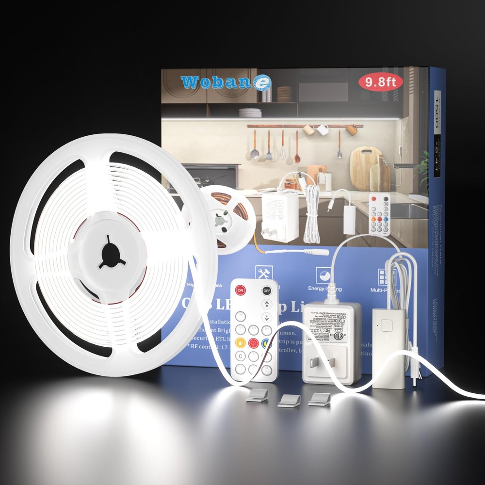COB LED Strip Light 9.8 FT Dimmable Under Cabinet Lighting Remote 6000K