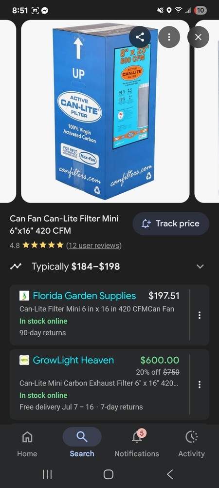 Carbon Filter, 6"x16" 420cfm Canfilter