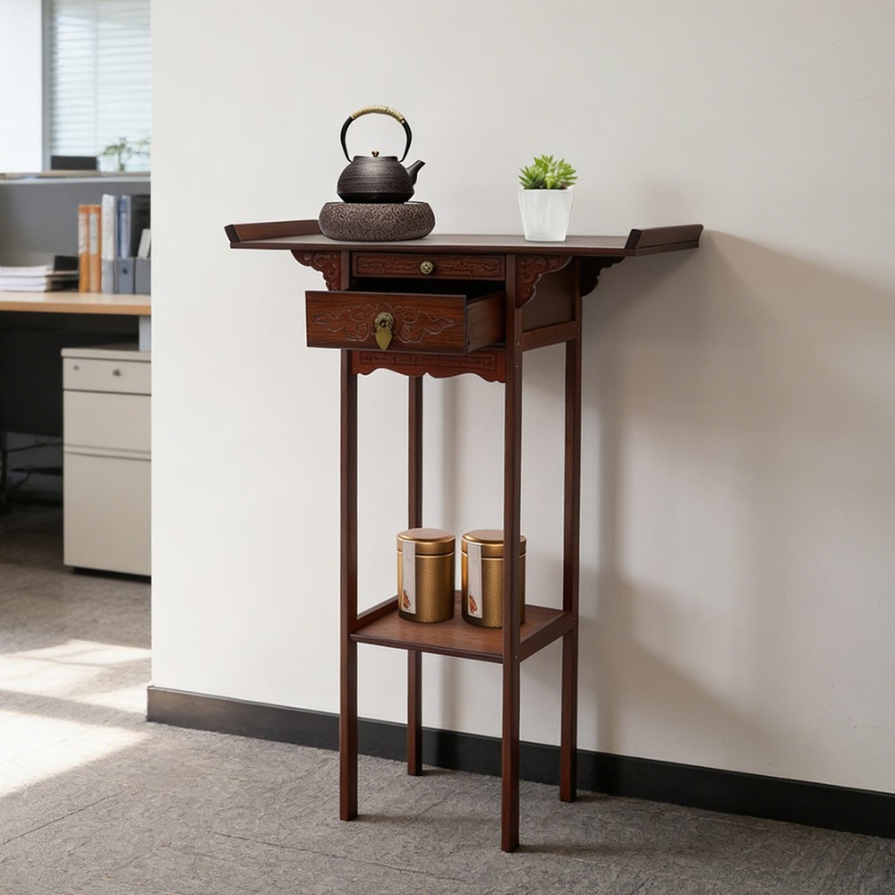 Meditation Altar Table With Pull-out Storage Board And Exquisite Carving