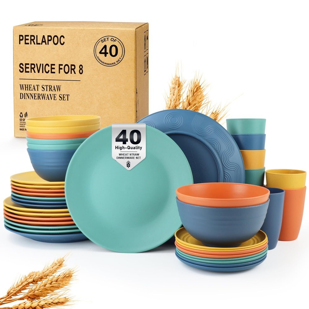 Perlapoc Wheat Straw Dinnerware Set 40 PCS - Service for 8 | Plates Bowls Set...