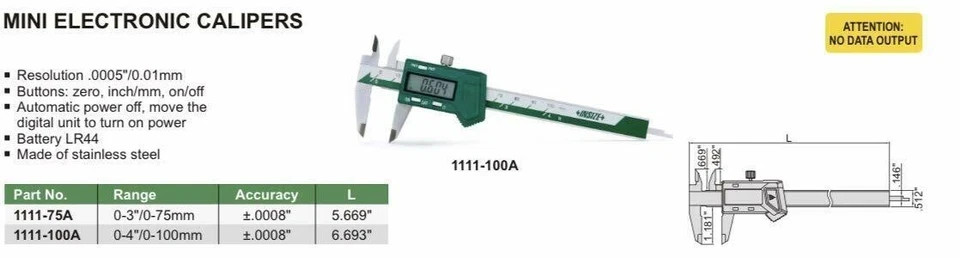 INSIZE 1111-100A Mini Digital Caliper Range 0-100mm/0-4"