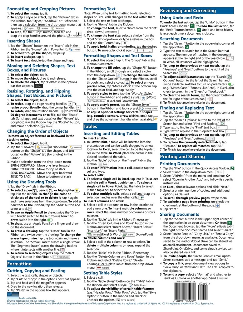 Microsoft Office for iPad Training Guide Quick Reference Card 2 Page Cheat Sheet