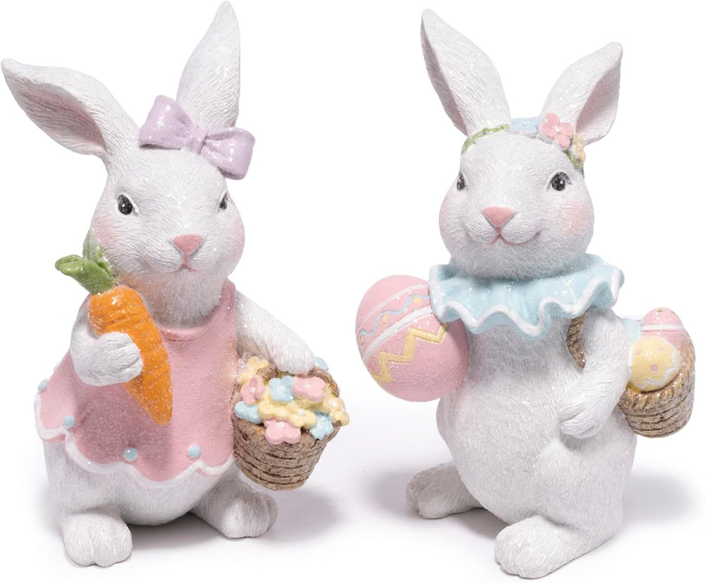 Easter Bunny Figurines Set, Spring Rabbit Decor with Easter Eggs Basket, Floral