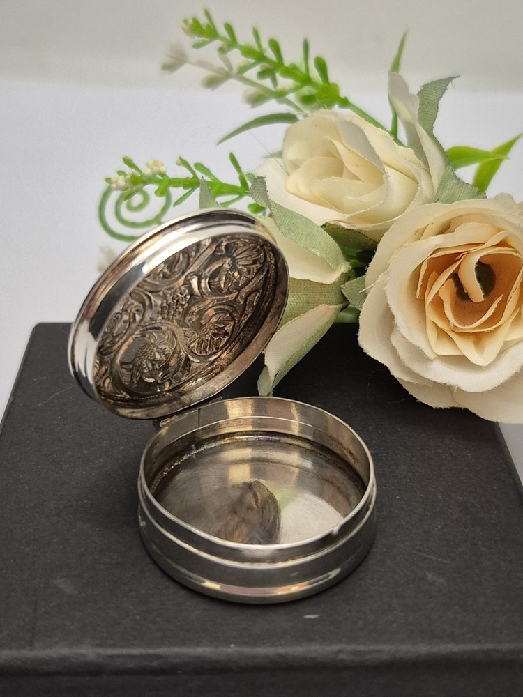 PILLBOX - Sterling Silver Pill Box. Round Embossed Design. Hinged lid.