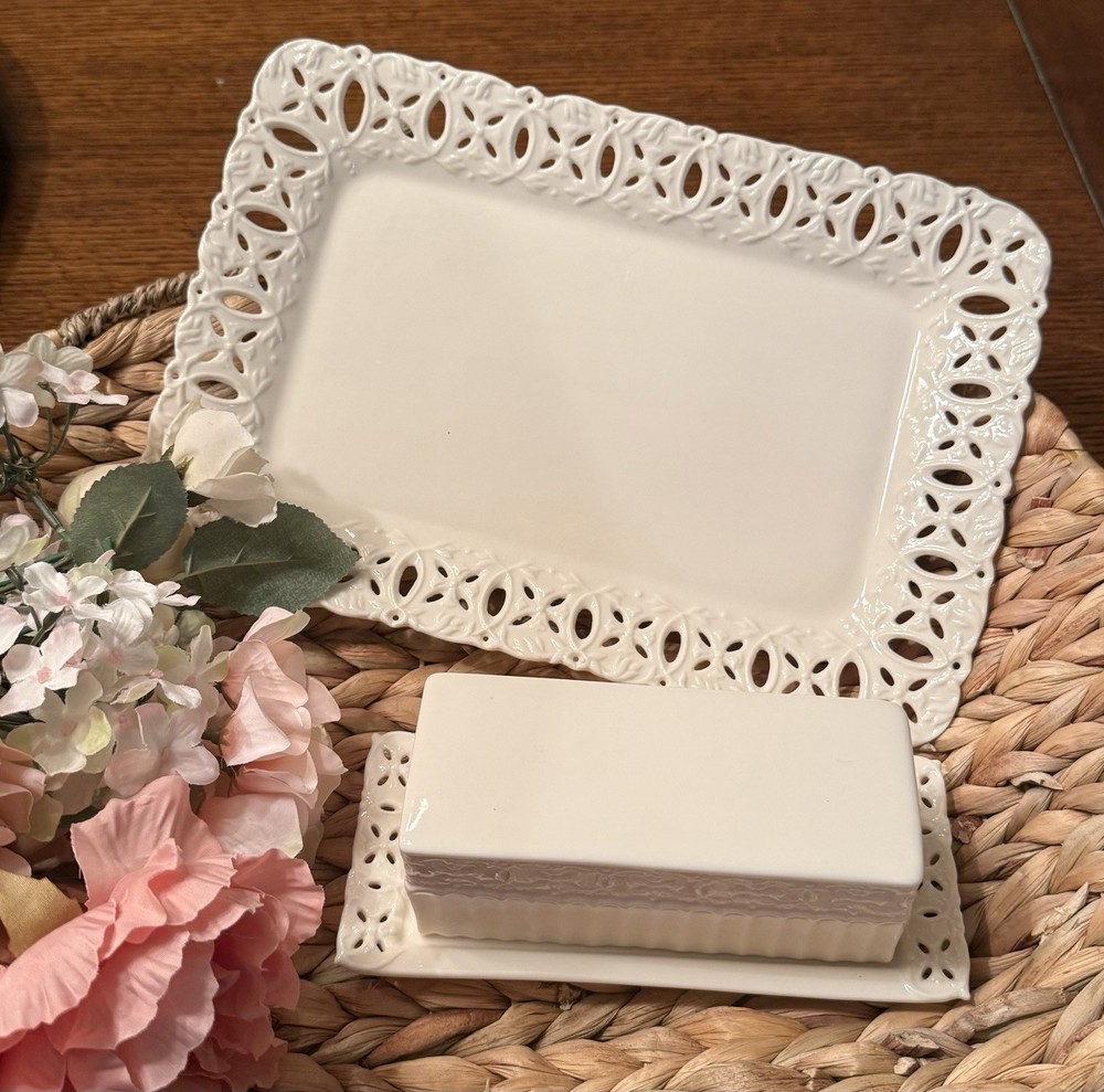 Godinger Cream Lace Serving Platter & Butter Dish