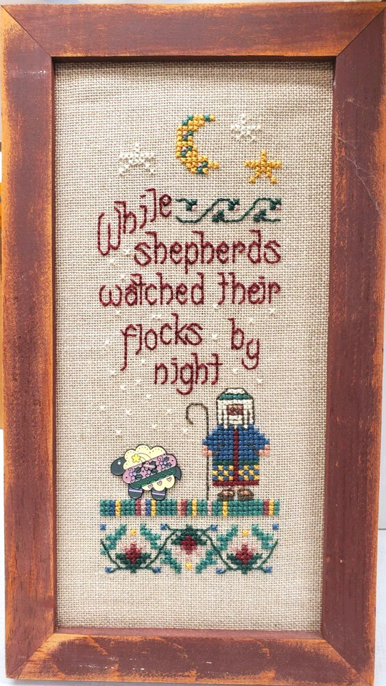 Custom Framed Completed Finished Cross Stitch Picture SHEPHERD & SHEEP Button (K