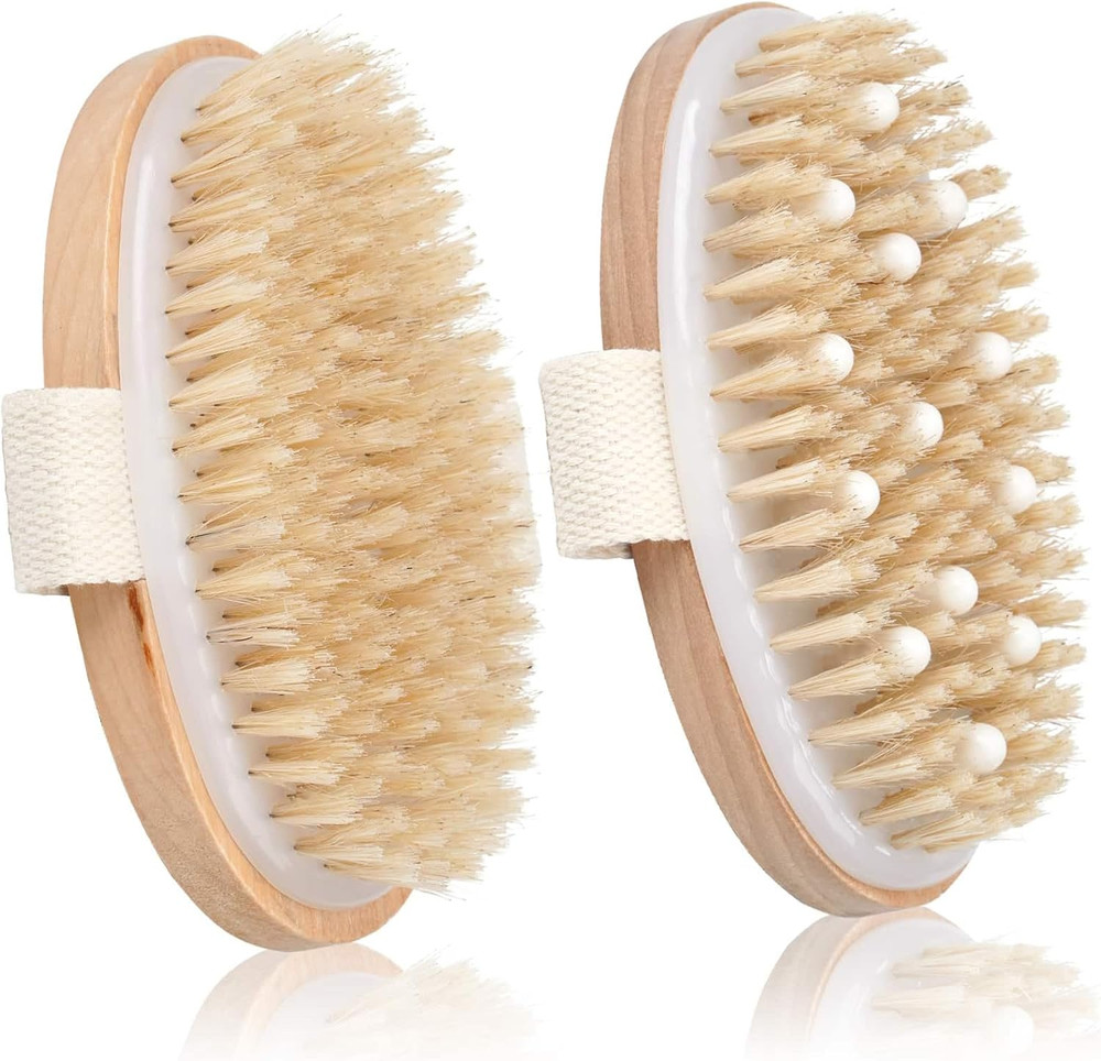 2 Pack Dry Brushing Body Brush, Natural Bristle Exfoliating Brush with Massag...