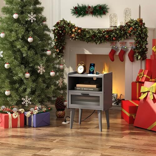 Nightstand with Charging Station, Bedside Tables Grey End Table Side Table