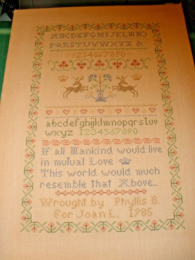 Finished Cross Stitch Piece 13.5"x18" Sampler 1985 EUC