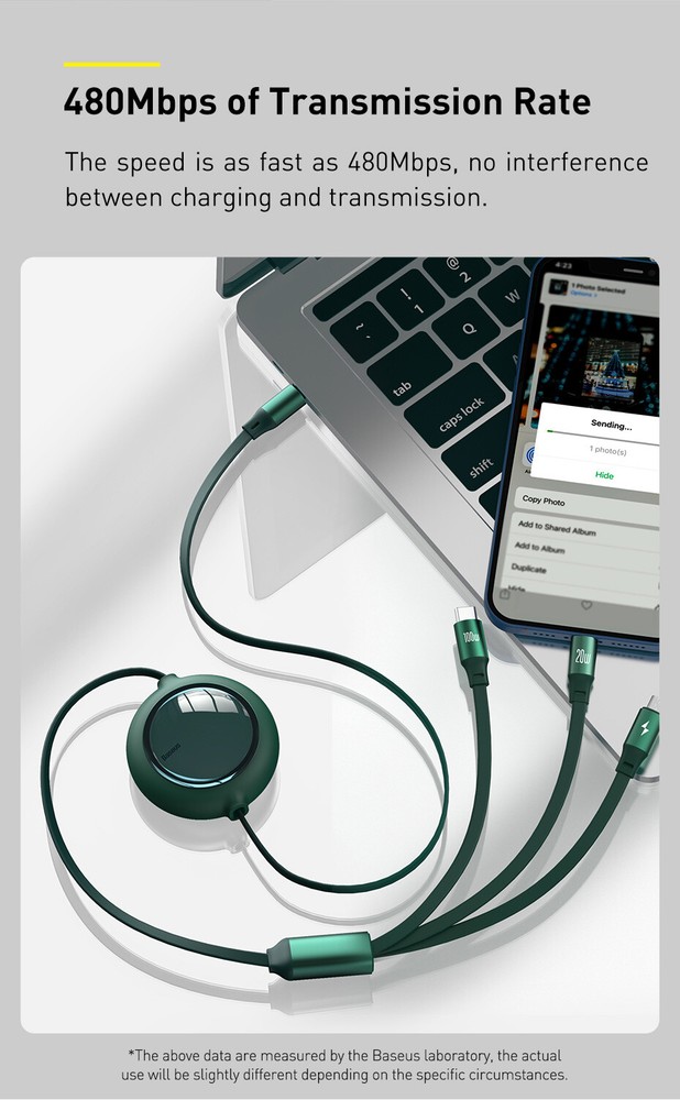 Baseus 100W 3 in 1 USB C Fast Cable Retractable Cord For iPhone Micro USB Type C
