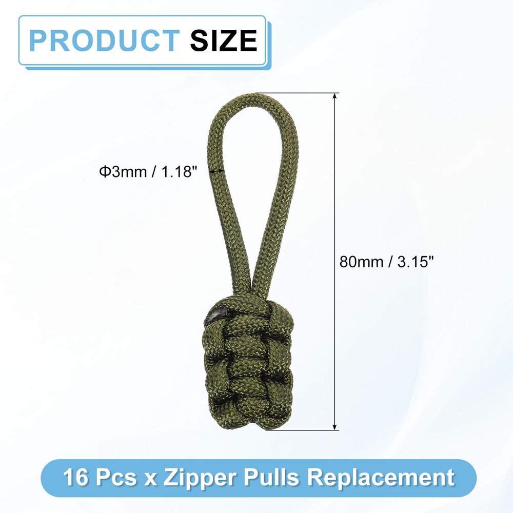 16Pcs Zipper Pulls Replacement, 80 x 3mm Polyester Zipper Heads, Olive Green