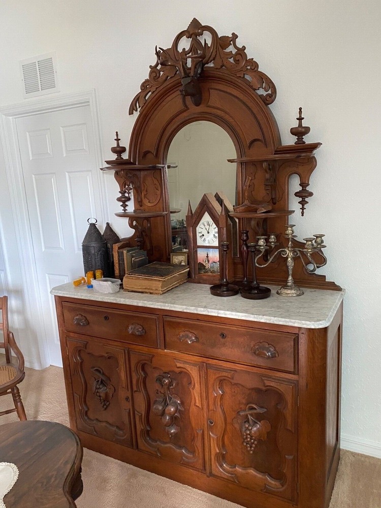 Victorian Walnut Marble Top Huntboard Buffet Sideboard