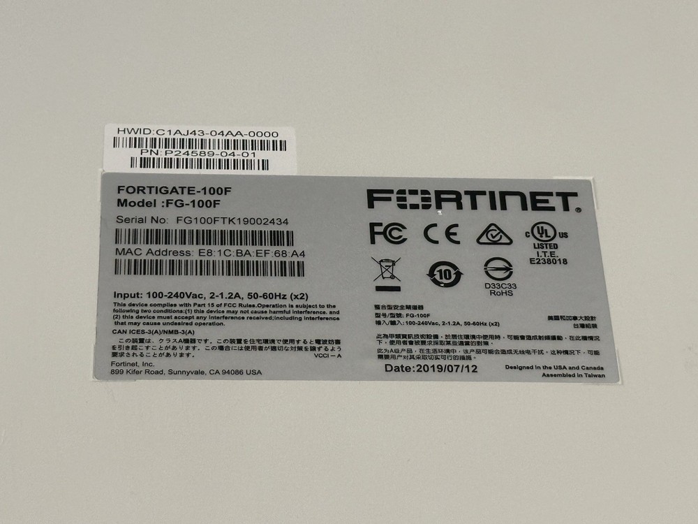 Fortinet FortiGate 100F Network Security Firewall - FG-100F - UNREGISTERED - USA