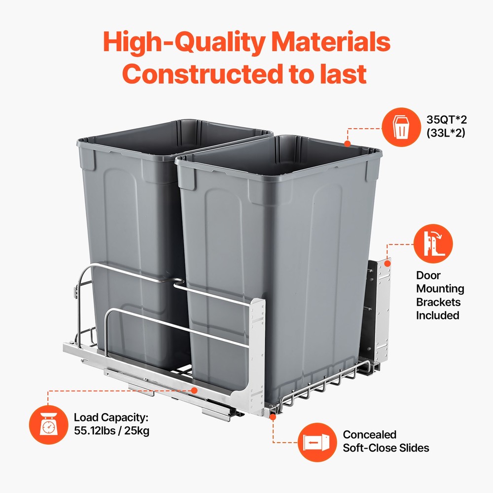 VEVOR Double Pullout Waste Container Kitchen Trash Can Soft Close Grey 35QTx2