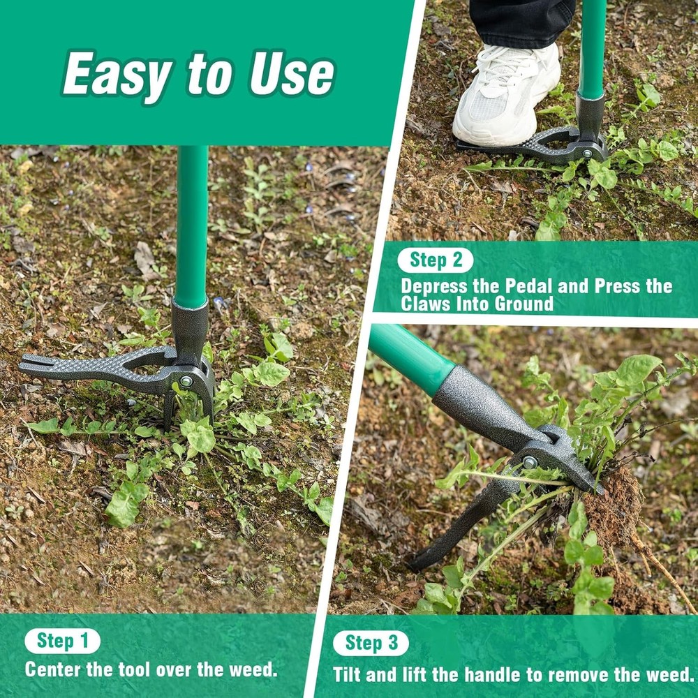 Weed Puller Tool Gardening Hand Weeding Tool with Long Handle 4 Steel Claws