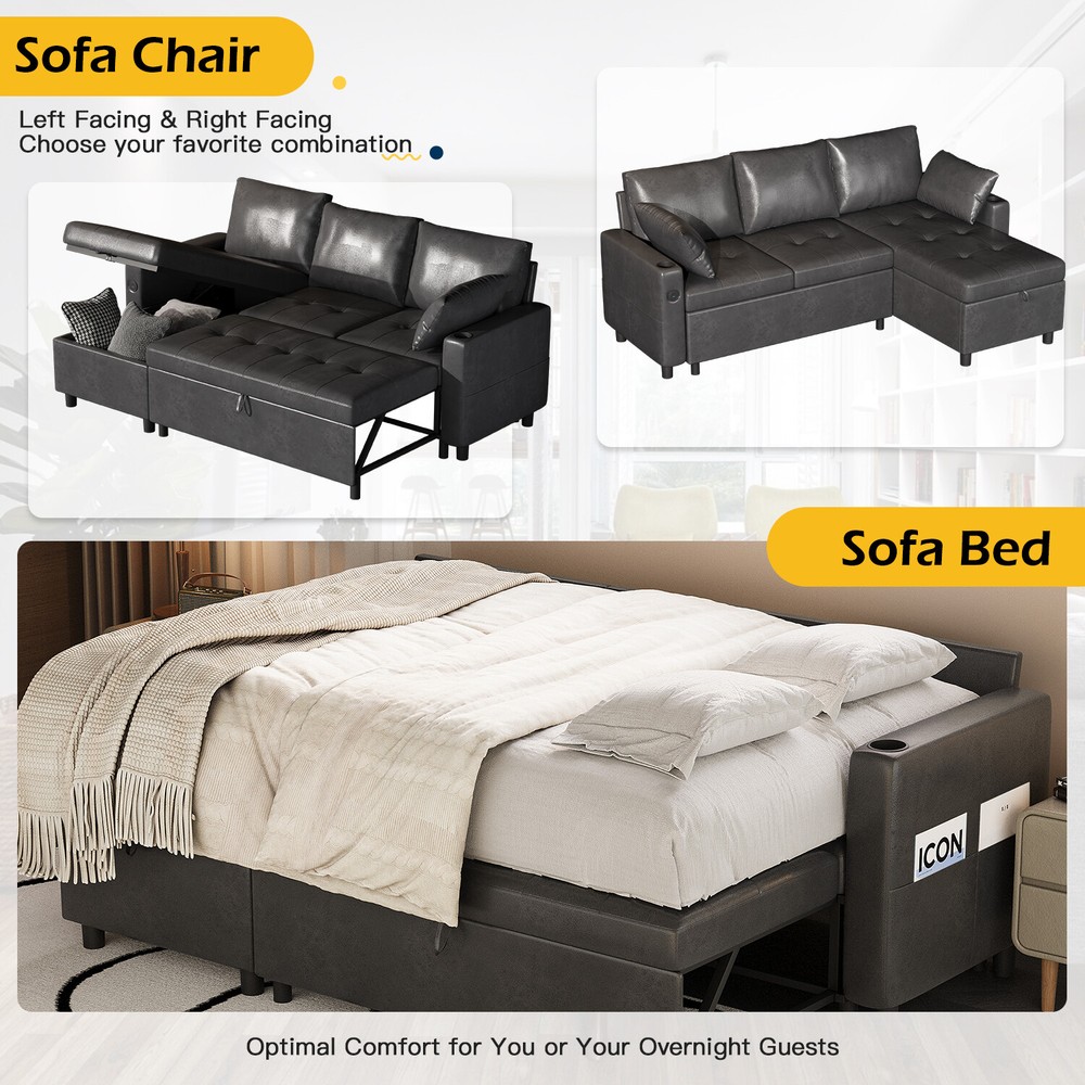 3 in 1 Pull Out Sofa Bed Sleeper Sofa with Storage Chair Sectional L Shape Couch