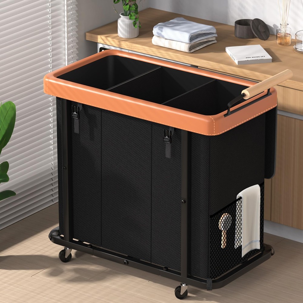 60 Gal (230L) Laundry Hamper 3 Section with Lid, Leather Patchwork Laundry So...