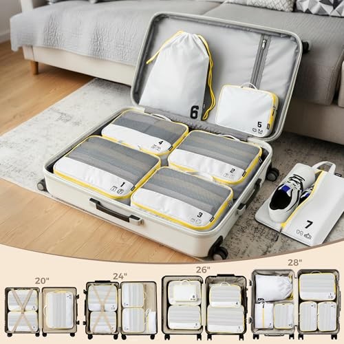 7 Set Compression Packing Cubes Travel Accessories Expandable Packing White