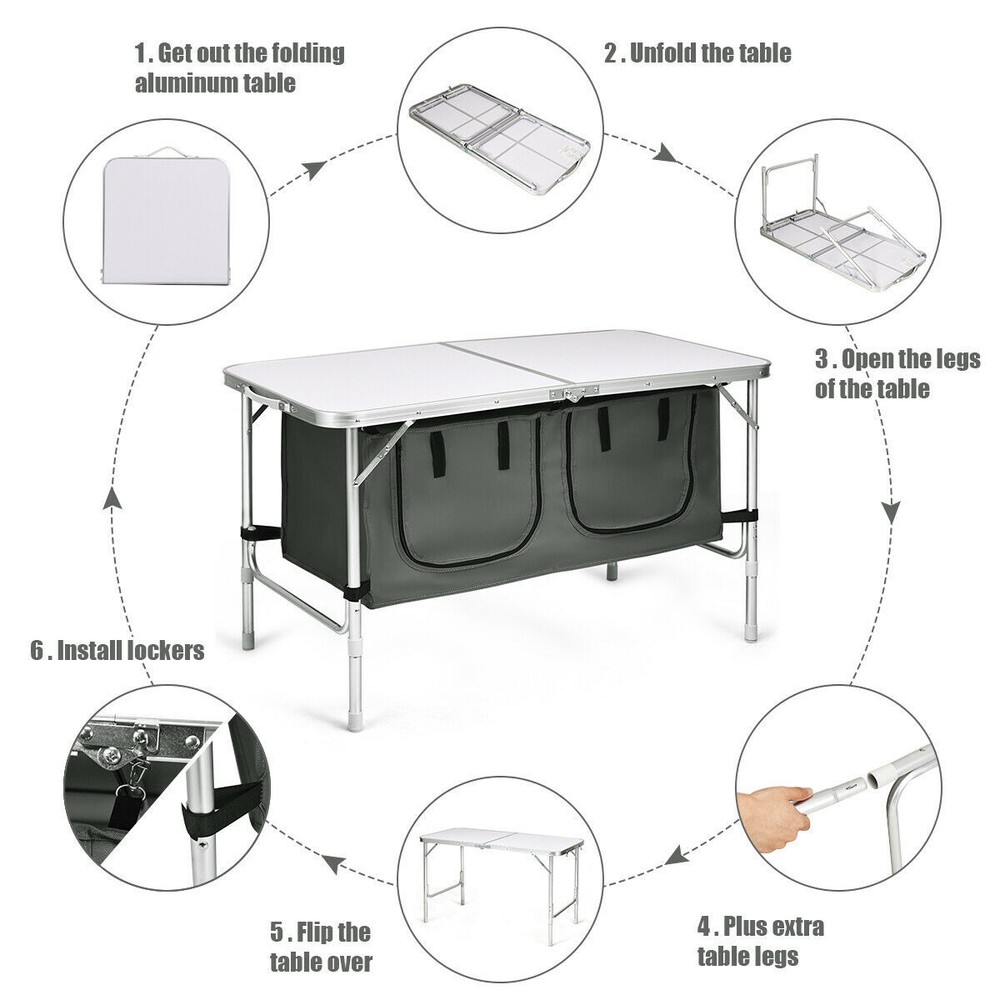 Folding Camping Table Aluminum Height Adjustable w/ Storage Organizer Grey