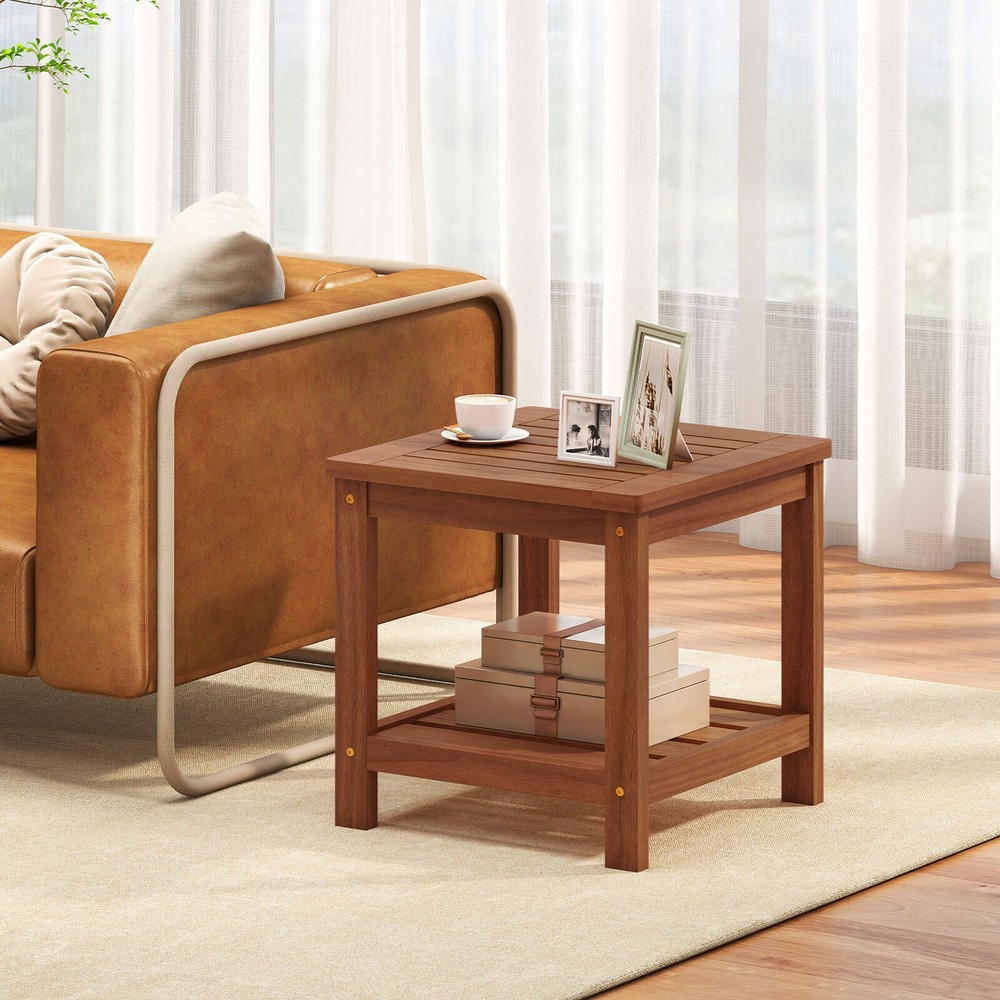 2-Tier Adirondack Side Table w/ Slatted Tabletop Storage Shelf for Garden